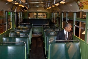 Barack Obama on the Rosa Parks Bus - "She refused to give up her seat and changed America."
