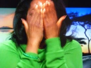 Oprah Winfrey having a moment of realisation with Iyanla Vanzant.