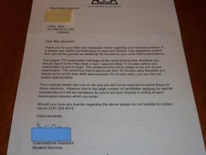 My letter from the ACCA confirming extra time for my professional accountancy exams