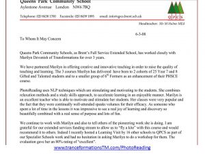 Queens Park School Testimonial: "Marilyn is always rated excellent."