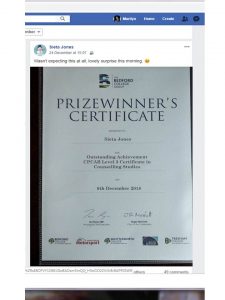 Sieta Jone's Prizewinner's Certificate - Quite a turnaround having originally failed the exam.